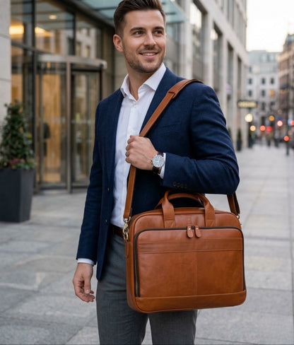 Man in a suit holding a brown leather briefcase on a city street.