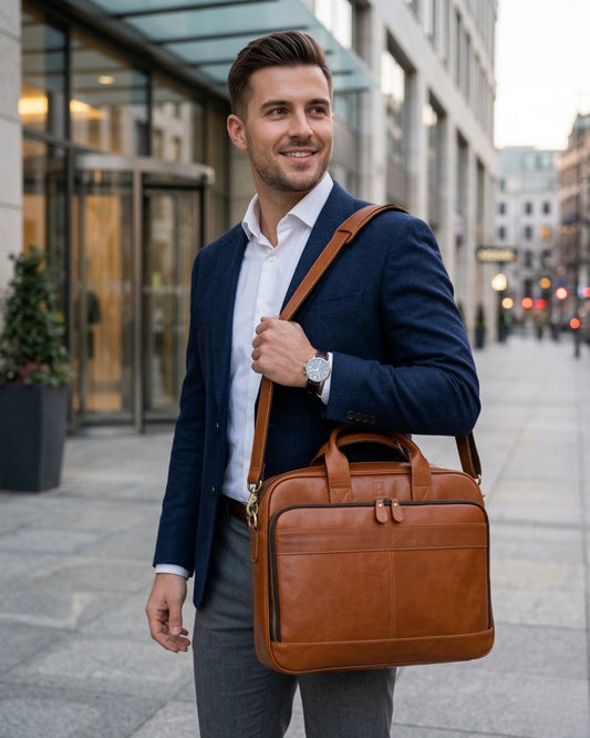 Man in a suit holding a brown leather briefcase on a city street.