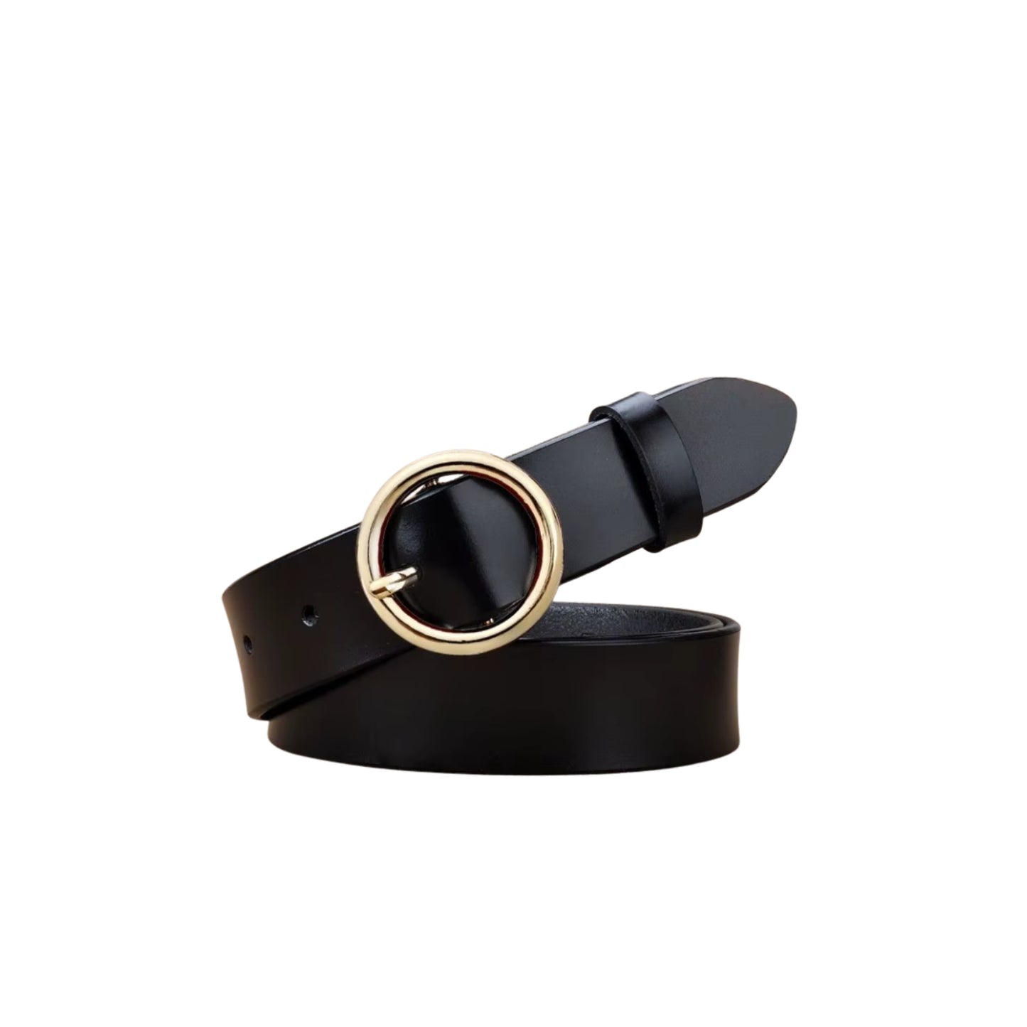 Black belt with a gold ring buckle on a white background