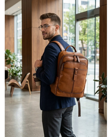 Genuine Leather Business Backpack for Men | Vintage Cowhide Laptop Bag | Tan & Coffee | Hideclusive
