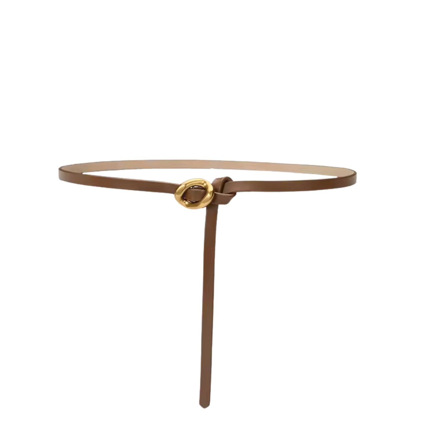 Thin brown belt with a gold buckle on a white background