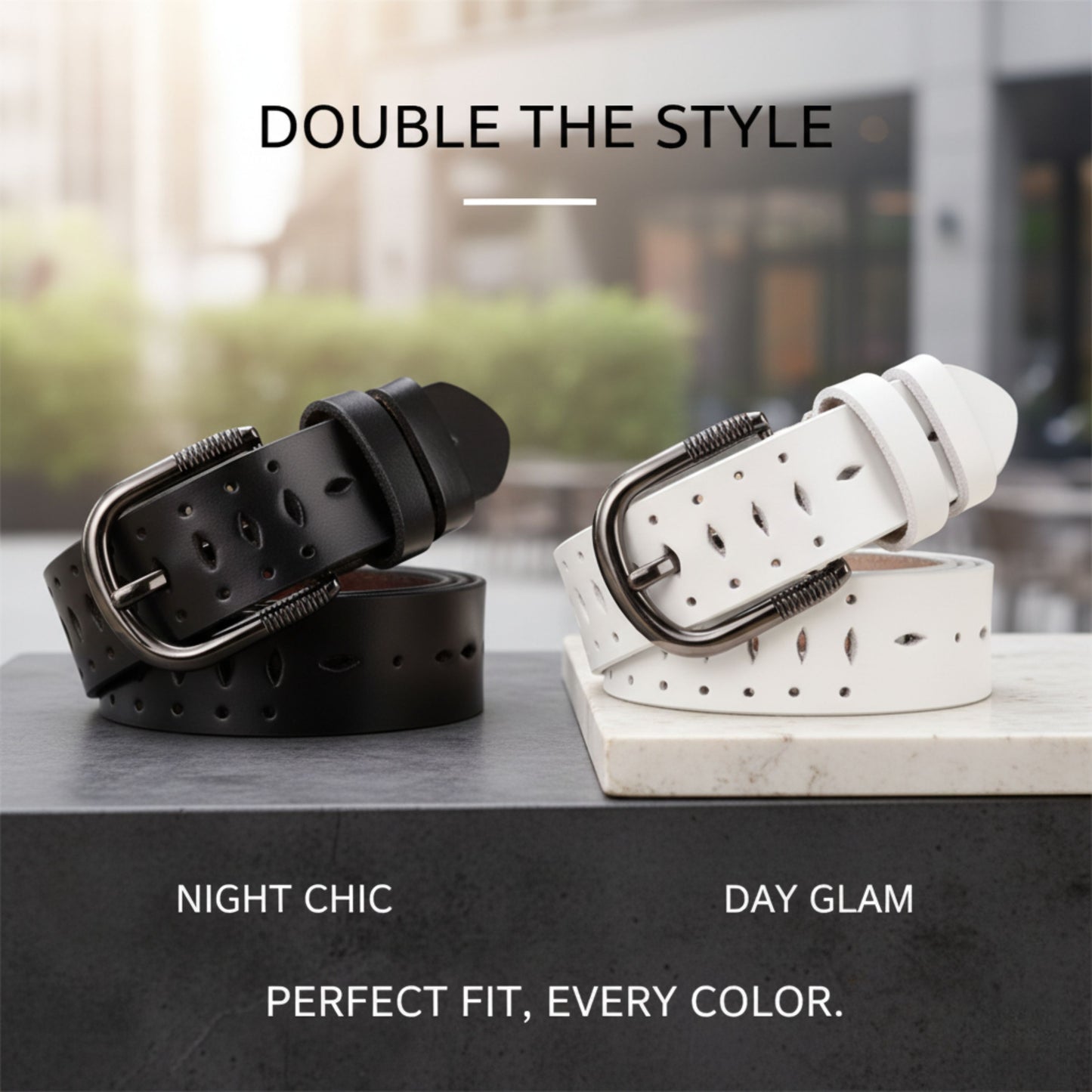 Women's Leather Belt with Hollow Out Pattern, Decorative Buckle