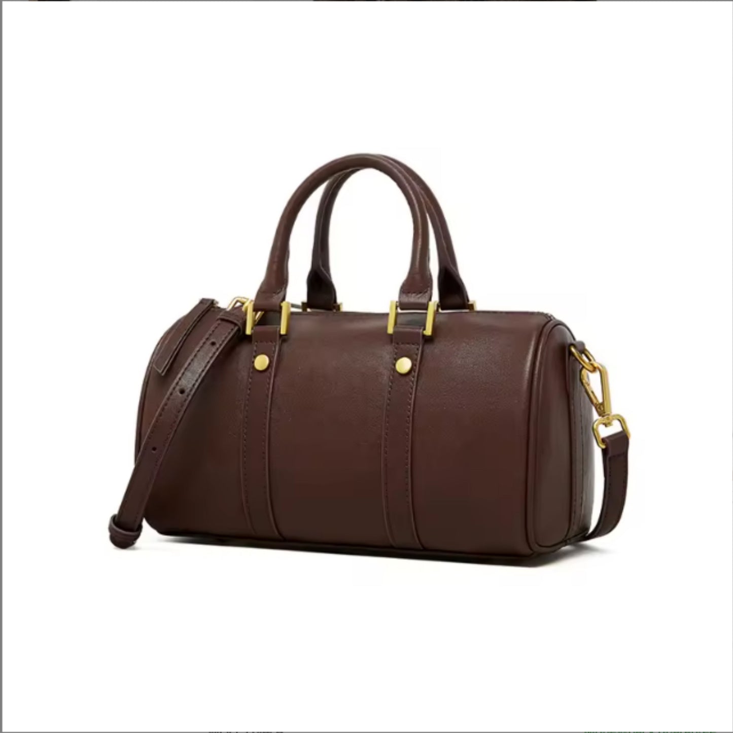 Brown leather duffel bag with gold accents on a white background