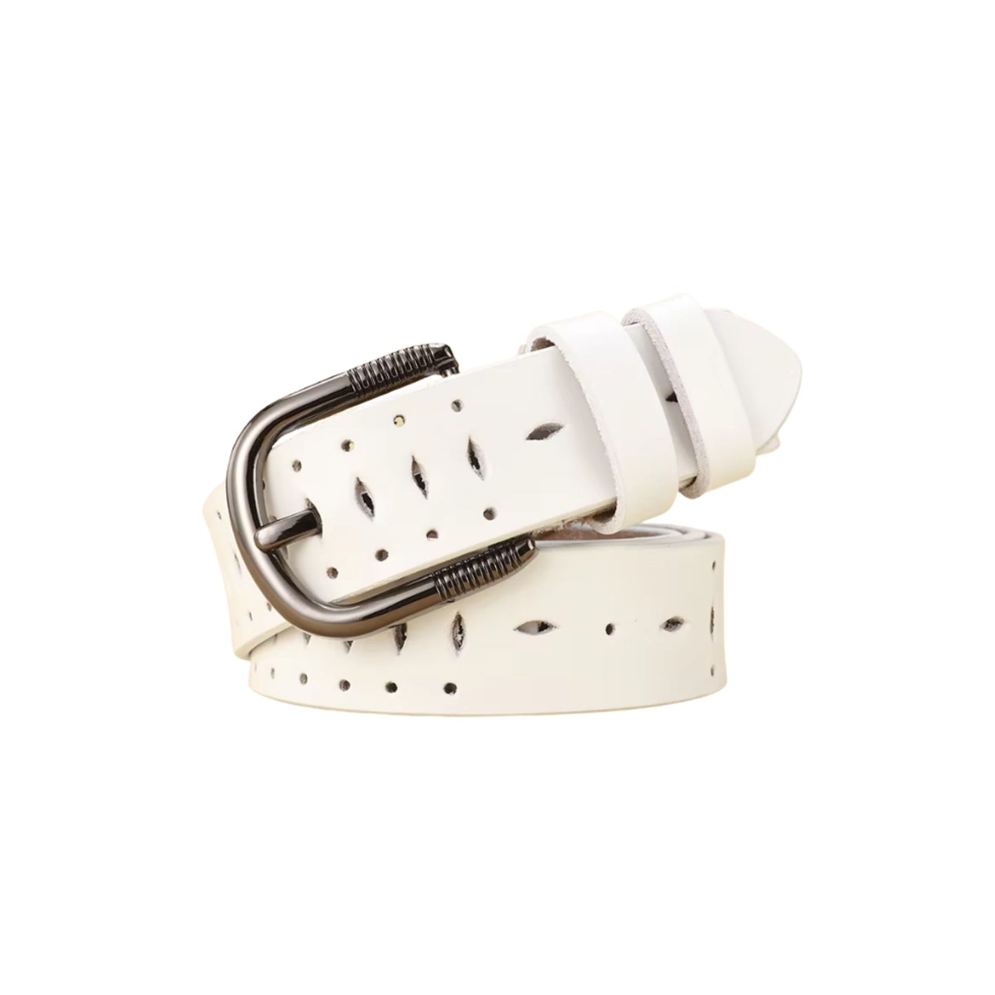 White belt with black speckles and a dark buckle on a white background