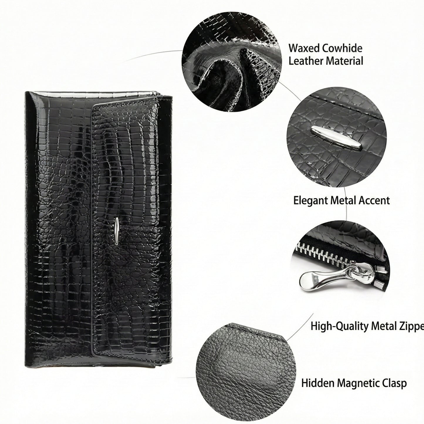 Hideclusive Women's Luxury Crocodile Embossed Leather Long Wallet & Clutch