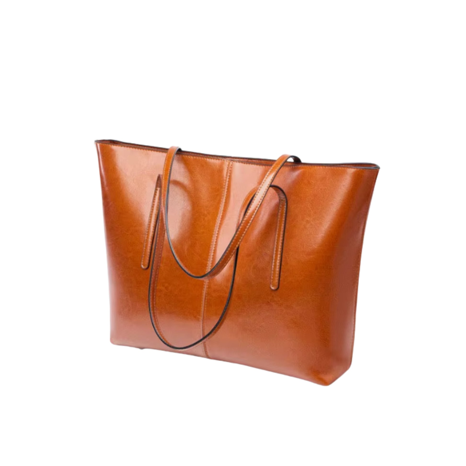 Brown leather tote bag on a white background