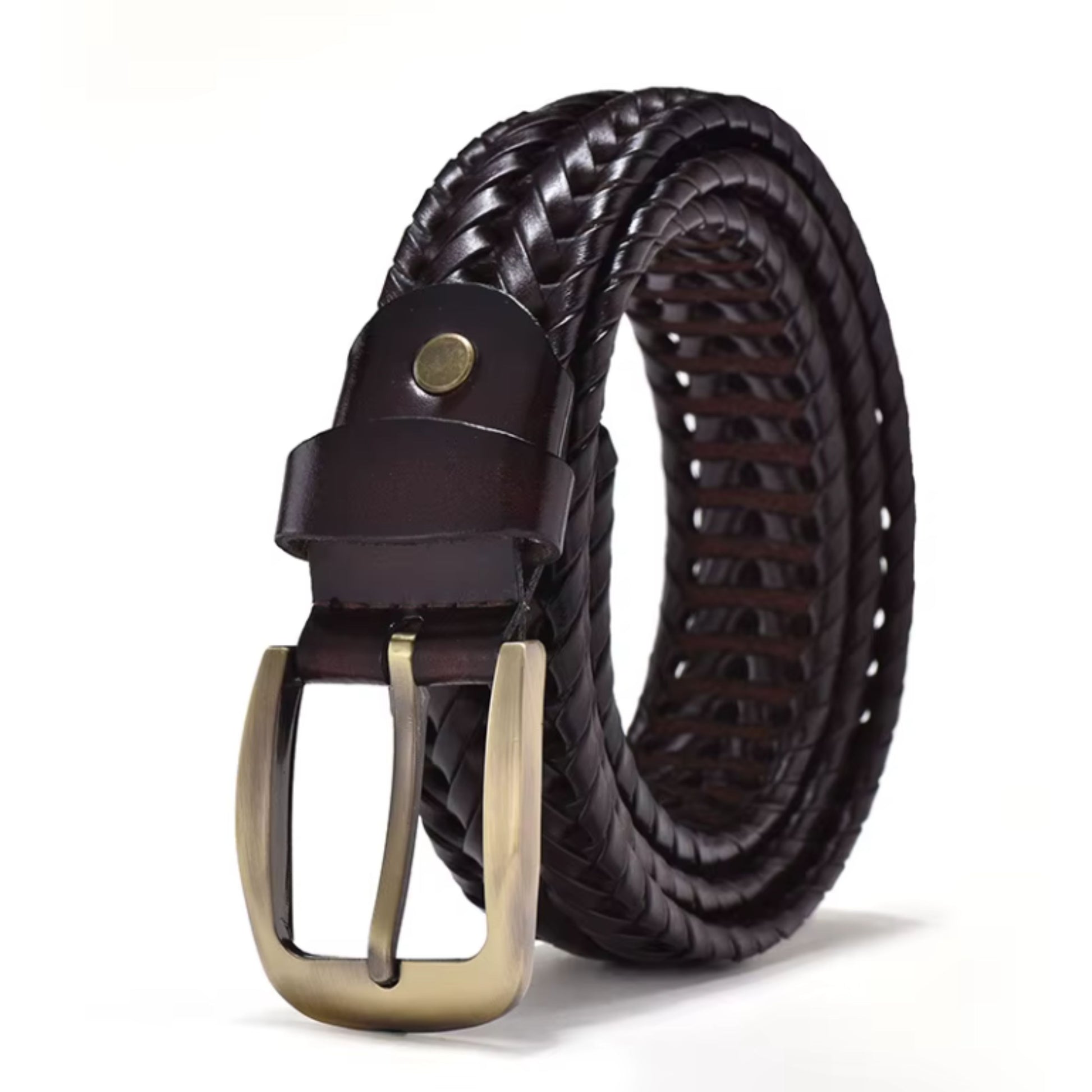 Brown woven leather belt with a gold buckle on a white background
