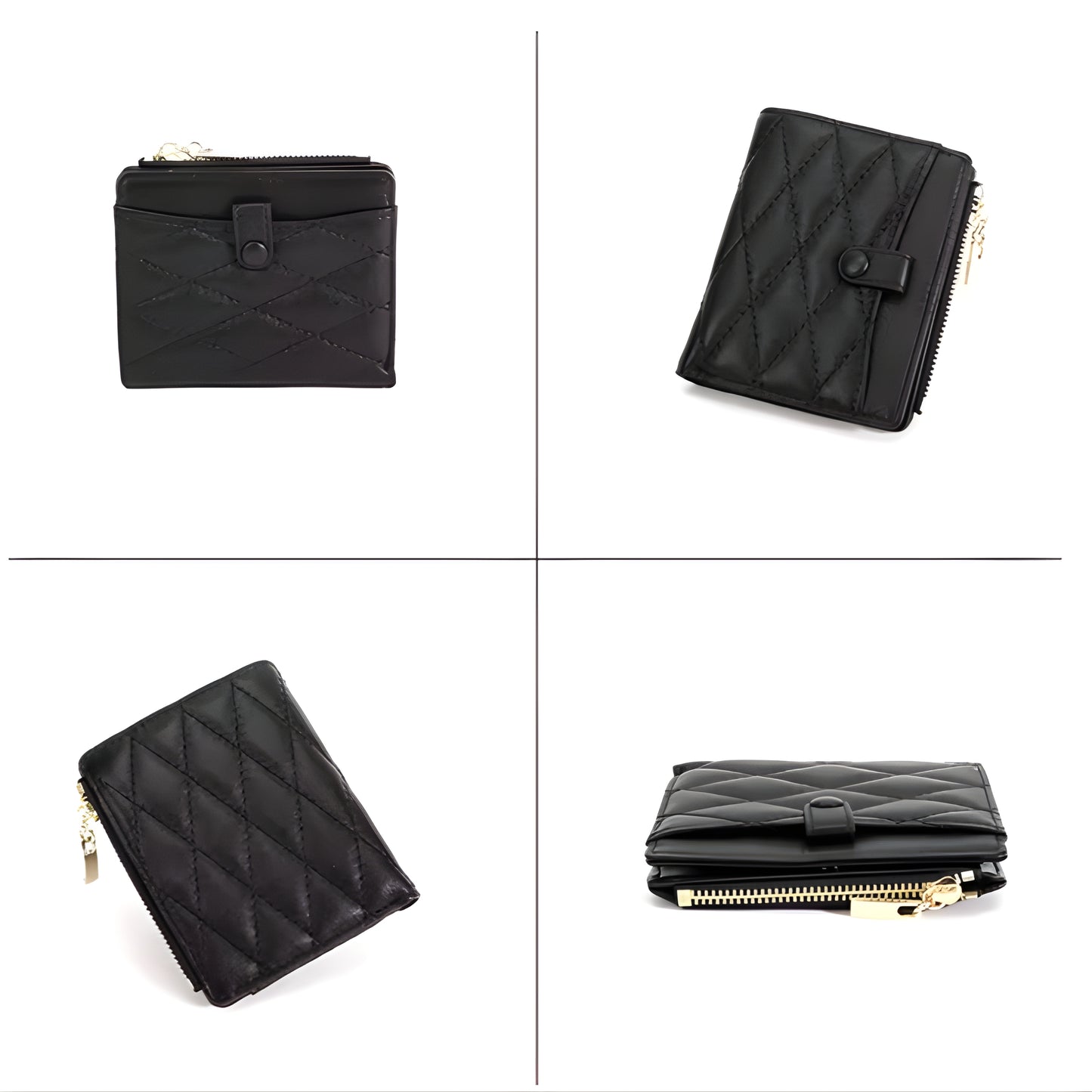 Women's Compact Genuine Leather Wallet – Luxury Quilted Design with 7 Card Slots, Side Zipper Pocket & Secure Snap Closure