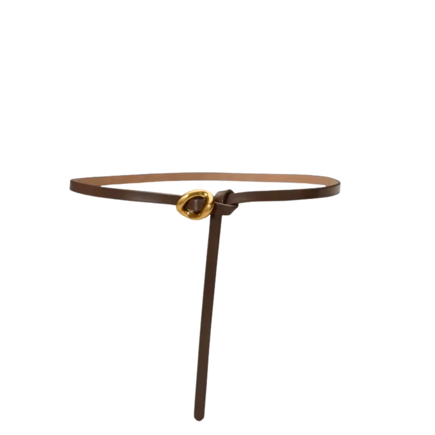 Thin brown leather belt with a gold buckle on a white background