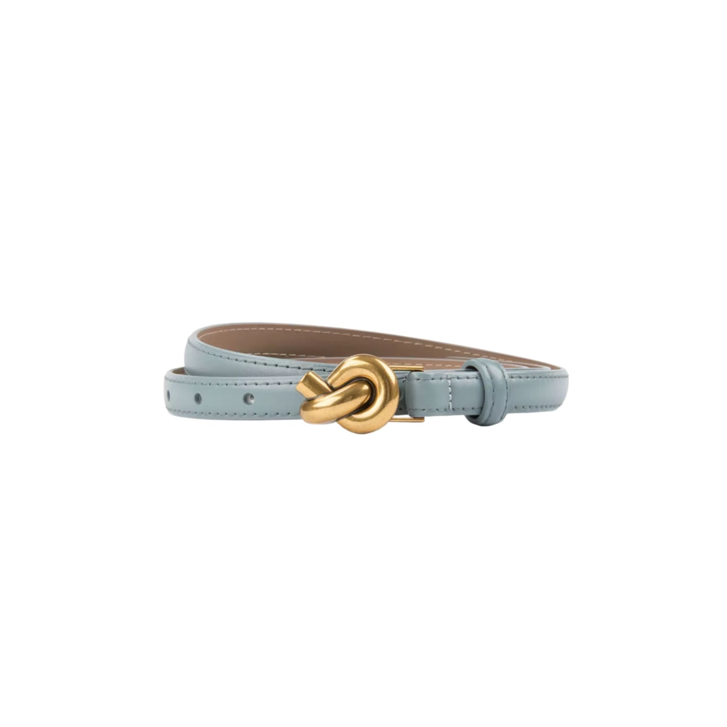 Light blue leather belt with a gold knot buckle on a white background