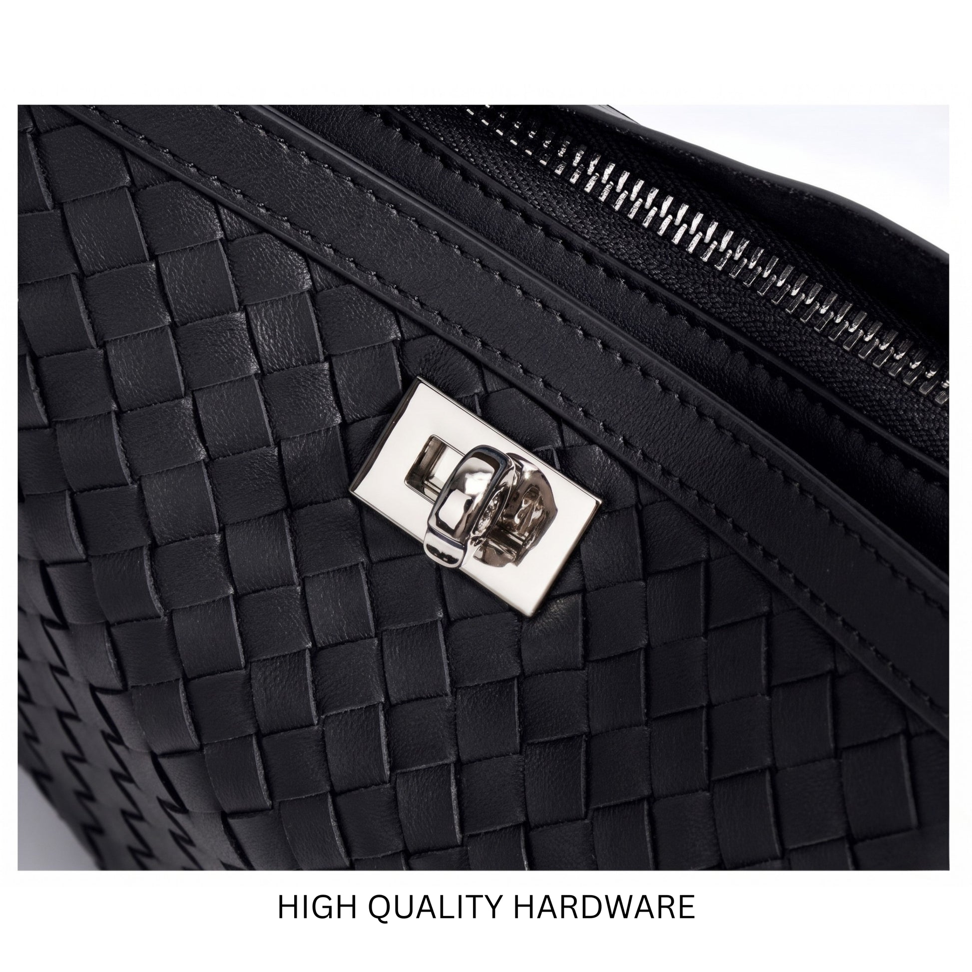 Black woven handbag with high-quality hardware on a white background