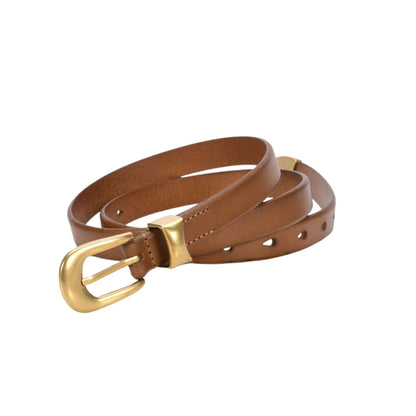 Brown leather belt with a gold buckle on a white background