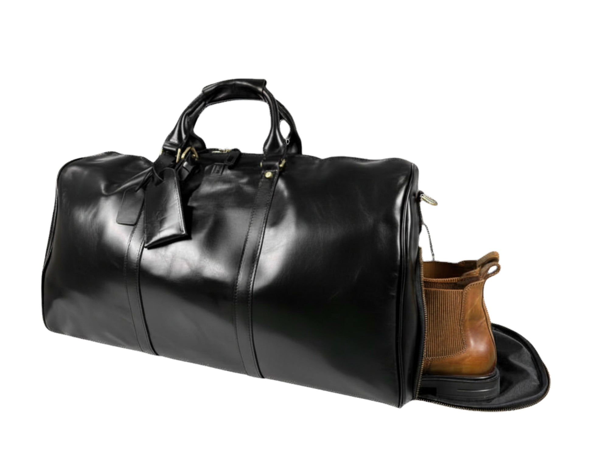 Black leather duffel bag with a brown boot on a white background