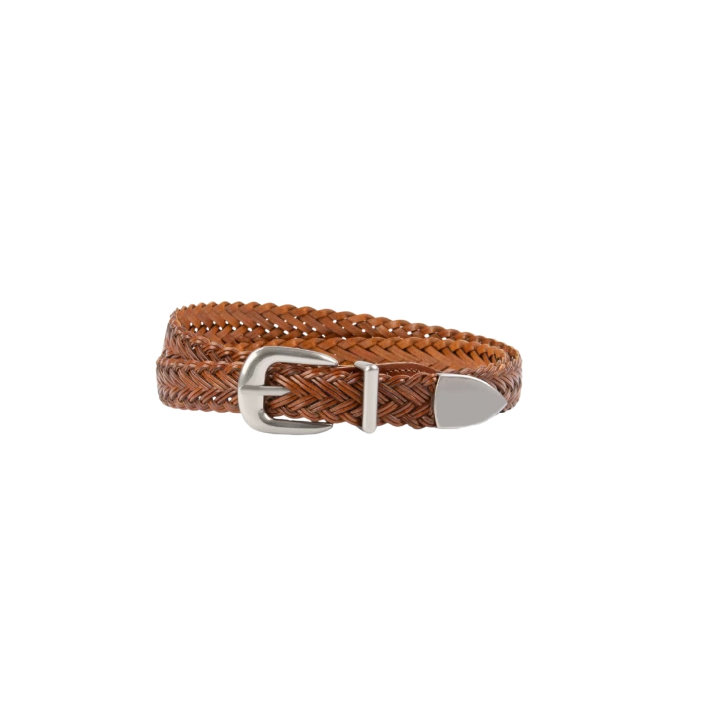 Brown braided belt with silver buckle on a white background