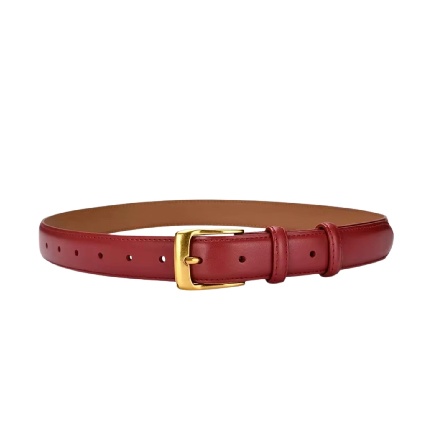 Red leather belt with a gold buckle on a white background