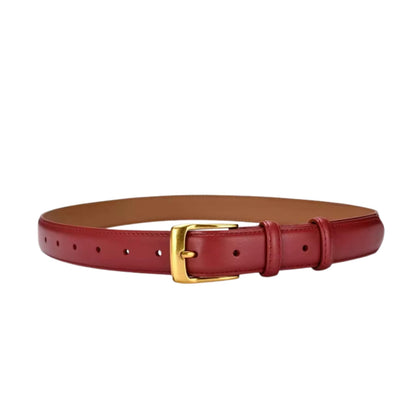 Red leather belt with a gold buckle on a white background