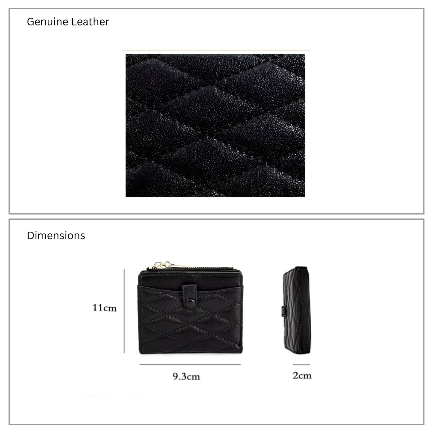 Women's Compact Genuine Leather Wallet – Luxury Quilted Design with 7 Card Slots, Side Zipper Pocket & Secure Snap Closure