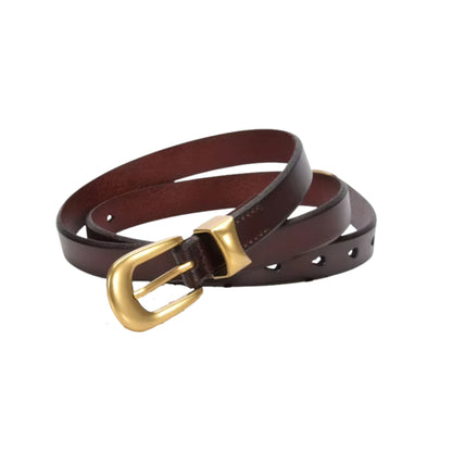 Brown leather belt with a gold buckle on a white background