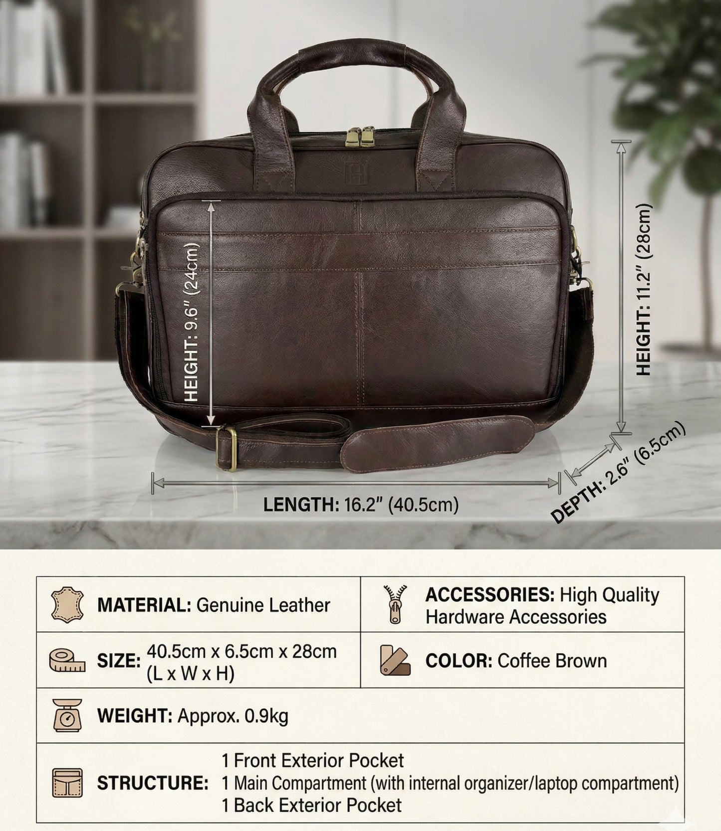 The Executive Genuine Leather Briefcase by Hideclusive | Men's Genuine Leather Briefcase | Premium Laptop Messenger Bag & Travel Portfolio | Coffee | Hideclusive