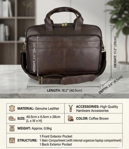 Genuine Leather Briefcase for Men | 15" Laptop Messenger Bag | Coffee | Hideclusive