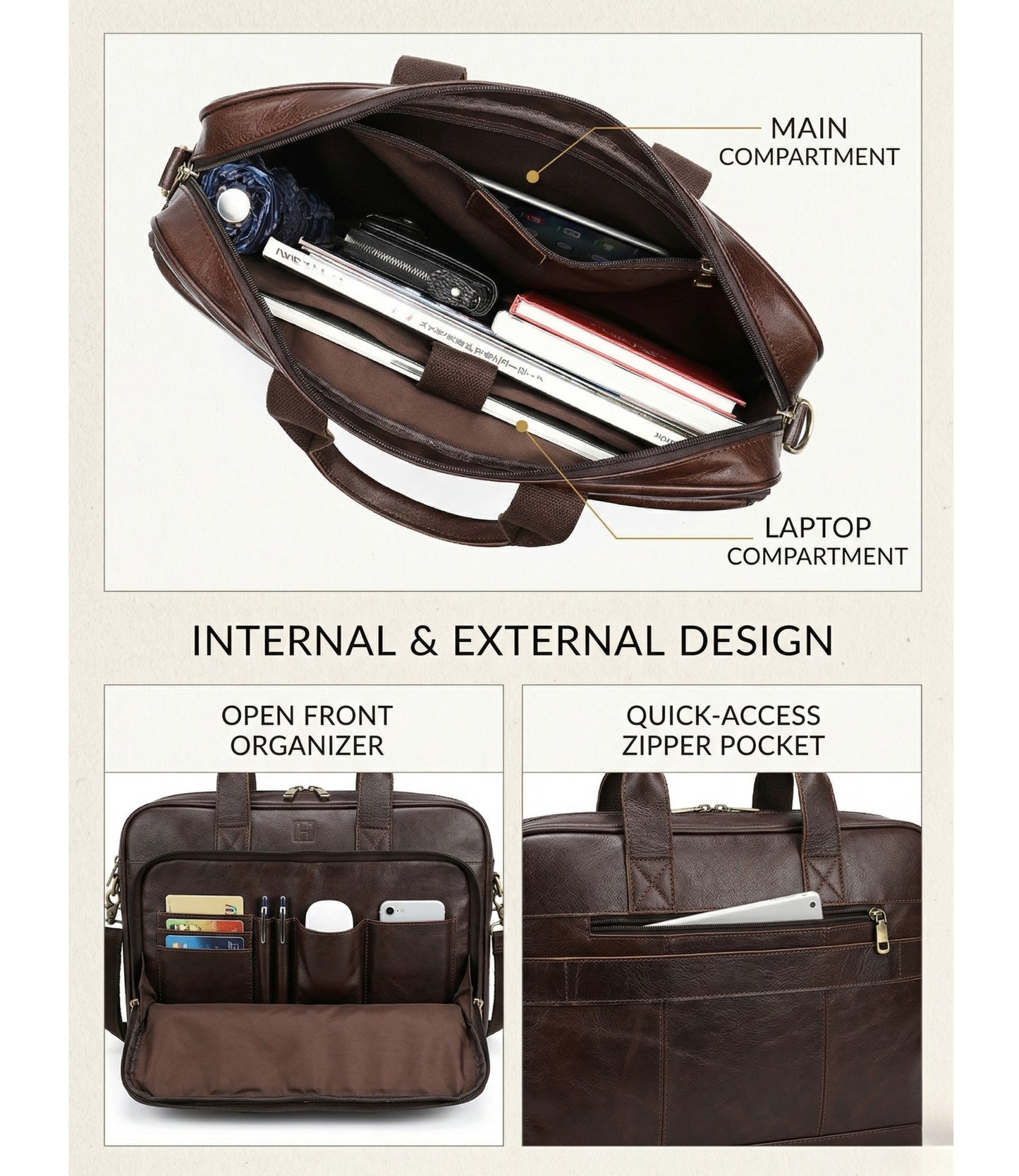 The Executive Genuine Leather Briefcase by Hideclusive | Men's Genuine Leather Briefcase | Premium Laptop Messenger Bag & Travel Portfolio | Coffee | Hideclusive