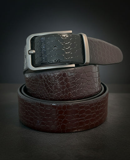 Reversible Crocodile Print Leather Belt for Men | 35mm | Black & Brown | Chrome Buckle | Hideclusive