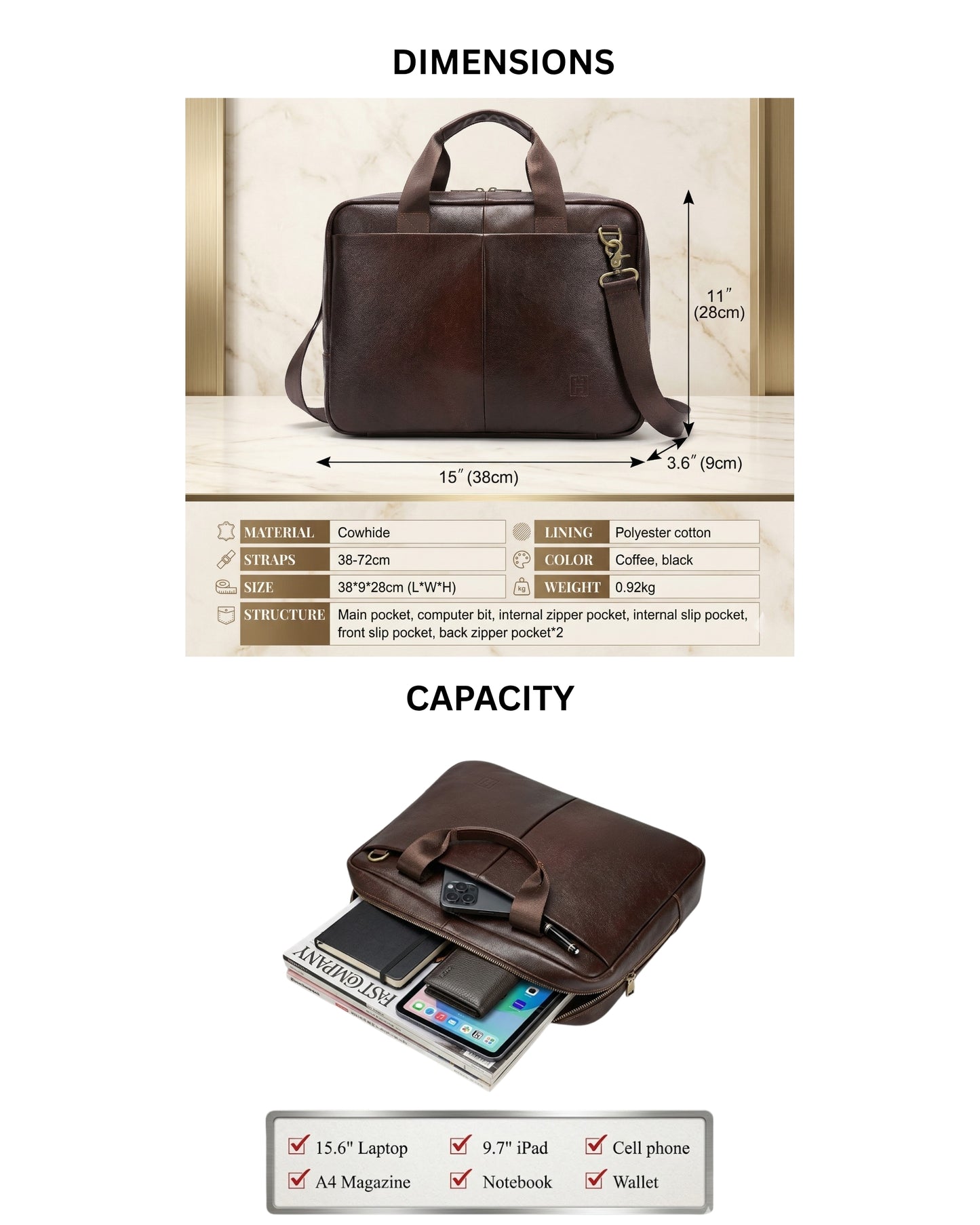The Manhattan Workbag - Hideclusive Premium Leather Executive Briefcase & Messenger Bag | Fits 15" Laptop | Coffee