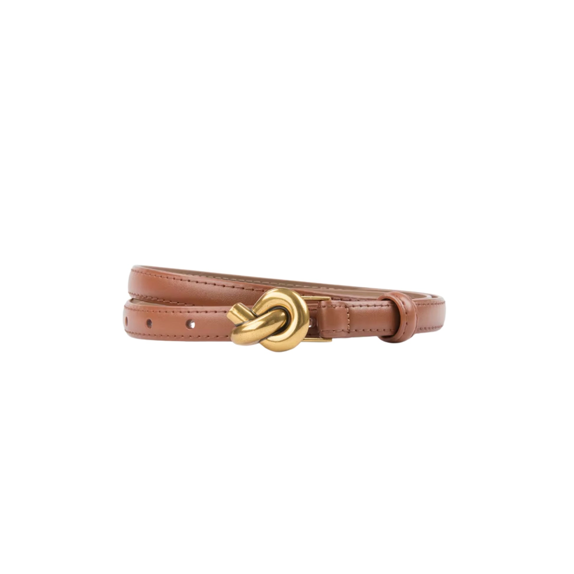 Brown leather belt with a gold knot buckle on a white background