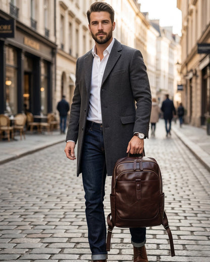 Genuine Leather Business Backpack for Men | Vintage Cowhide Laptop Bag | Tan & Coffee | Hideclusive