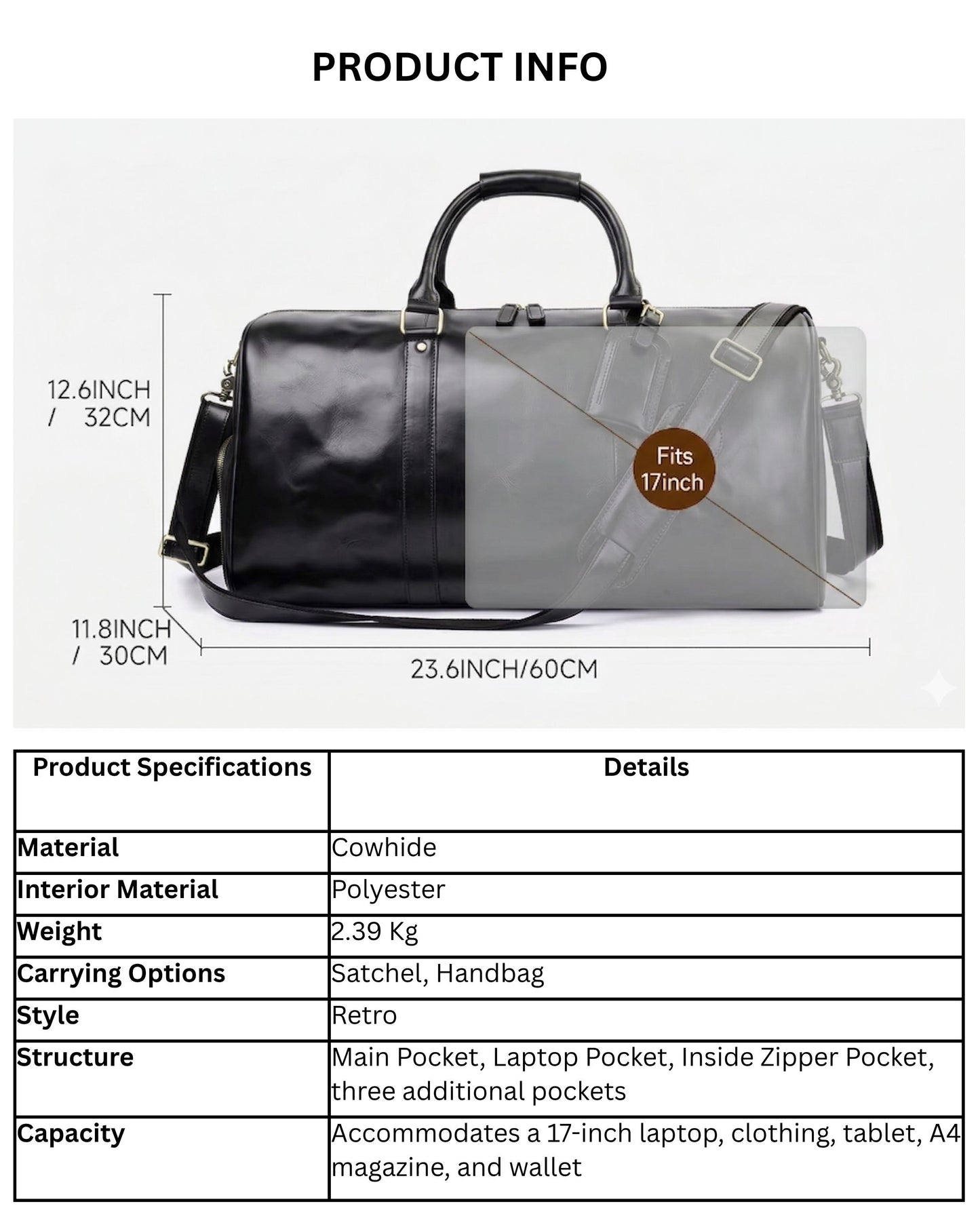 The Weekender - Hideclusive Men's Crazy Horse Leather Travel Duffel Bag | Crazy Horse Leather Weekender with Shoe Compartment | Large Carry-On Luggage (60cm)