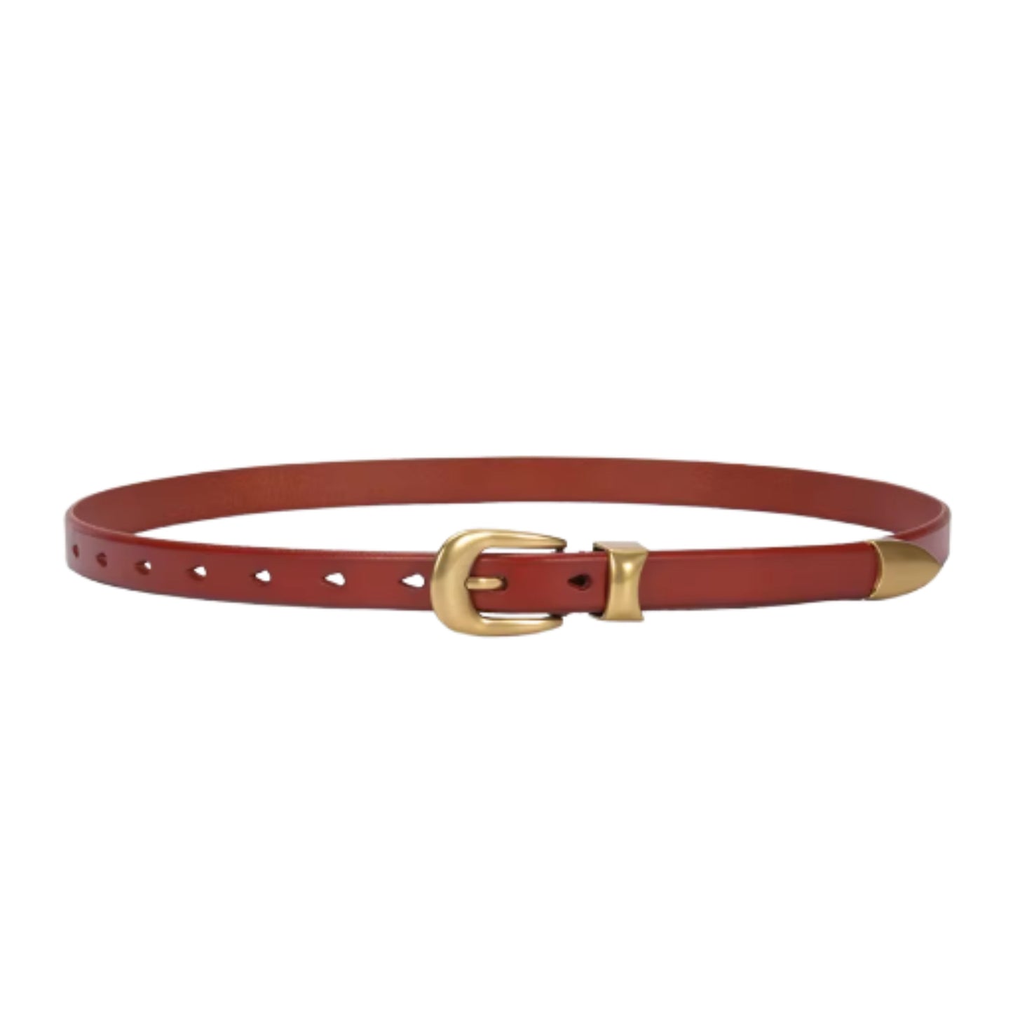 Hideclusive Premium Top-Grain Cowhide Leather Skinny Belt for Women – Elegant Rounded Gold Buckle & Metal Tip