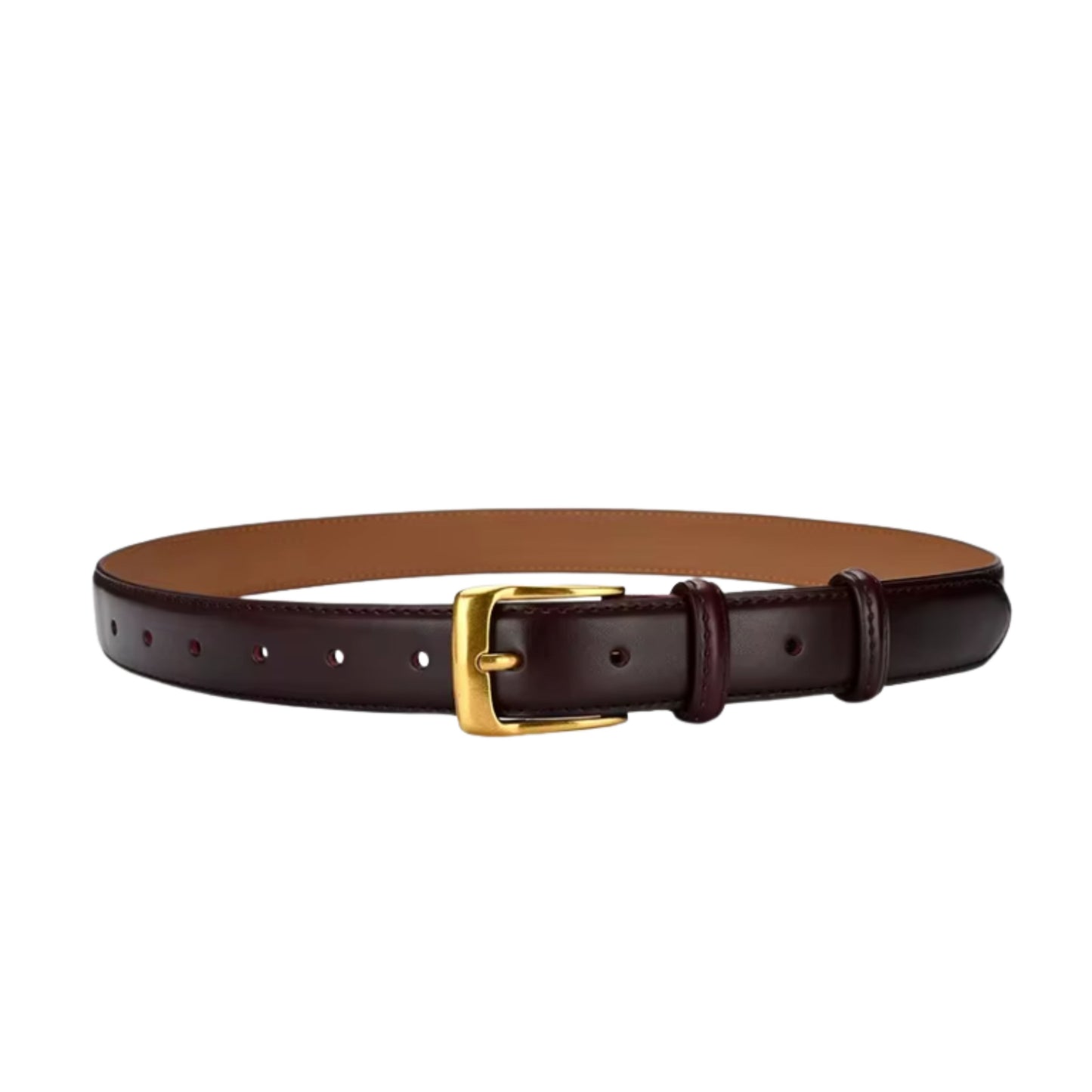 Brown leather belt with a gold buckle on a white background