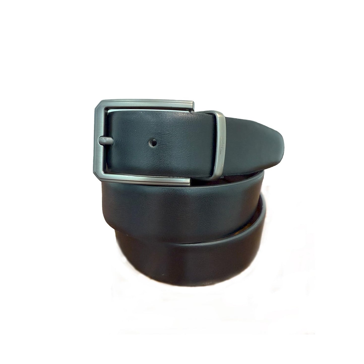 Black leather belt with a silver buckle on a white background