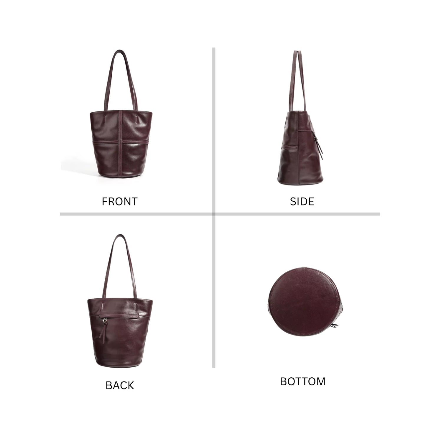 VERONA - The Signature Leather Bucket Tote | 100% Cowhide Leather Bucket Bag | Large Capacity Everyday Shoulder Tote | Wine Red & Black
