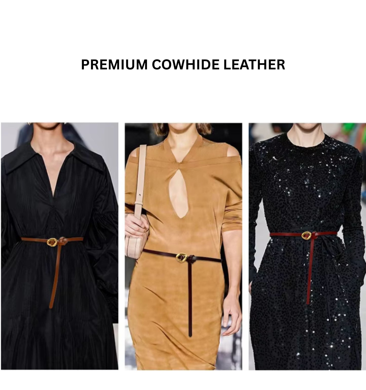 Hideclusive Women's Genuine Leather Skinny Belt with Gold Tear Drop Buckle, 1cm Thin Cowhide Waistband