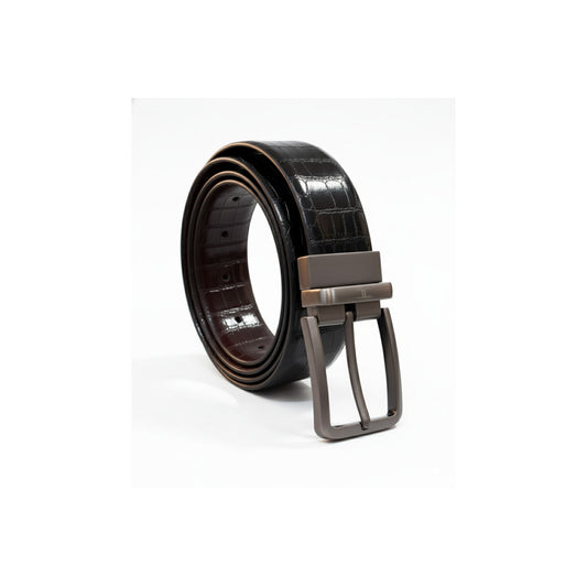 Brown leather belt with a silver buckle on a white background