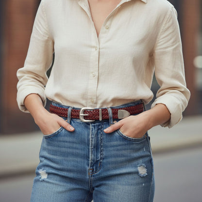 Ceinture tressée en cuir pour femme | Peau de vache | Boucle en D argentée | Hideclusive
