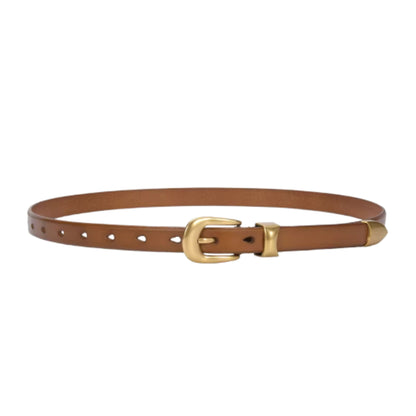 Brown leather belt with a gold buckle on a white background