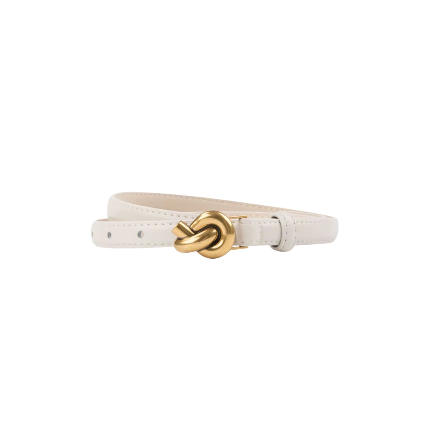 White belt with a gold knot buckle on a white background