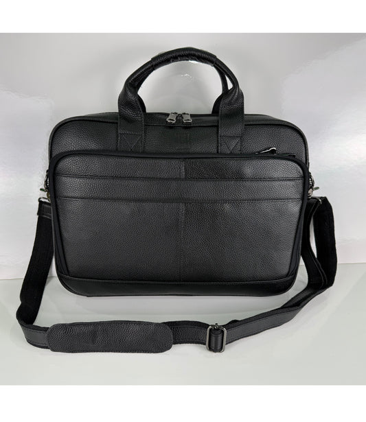 Black leather briefcase with shoulder strap on a white background
