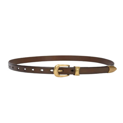 Brown leather belt with a gold buckle on a white background