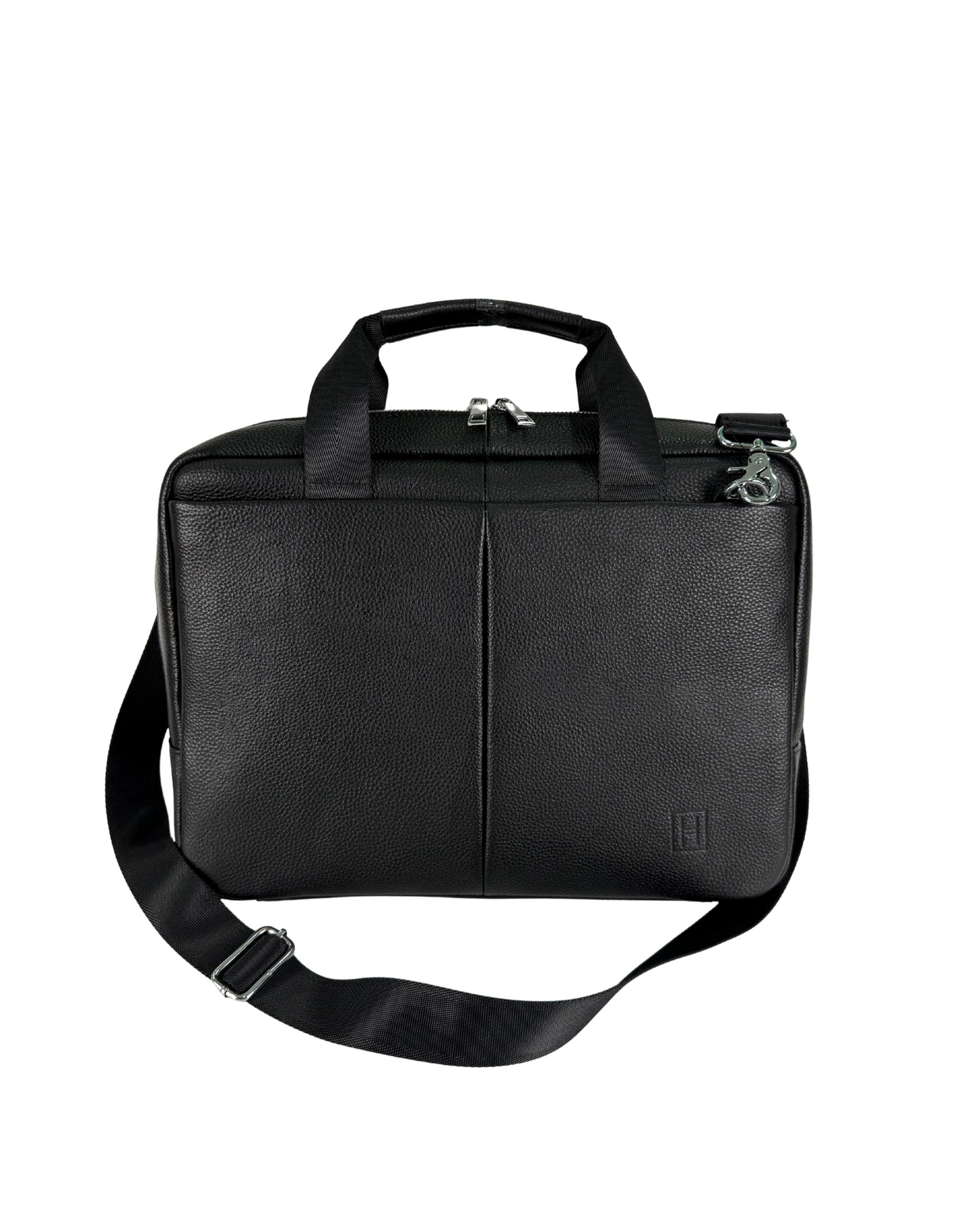 Black leather briefcase with shoulder strap on a white background