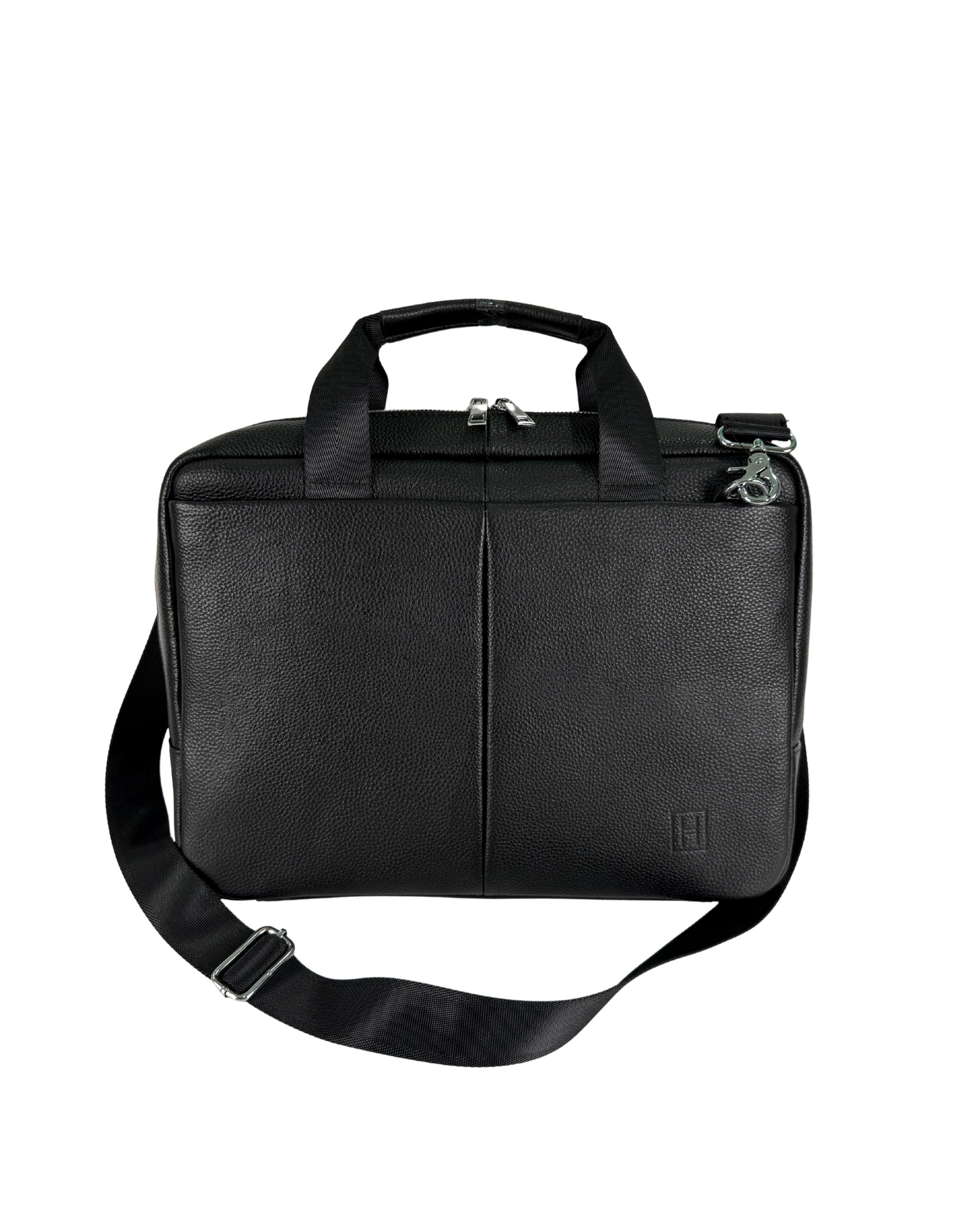 Black leather briefcase with shoulder strap on a white background