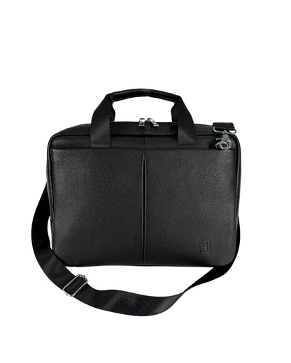 Black leather briefcase with shoulder strap on a white background
