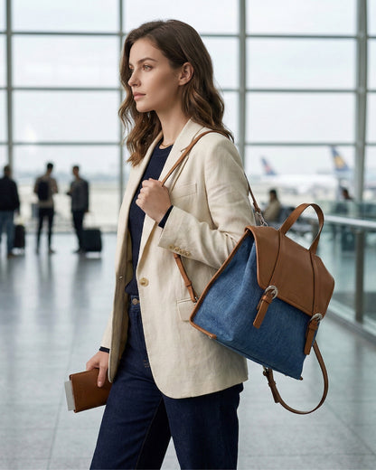 Woman holding a blue and brown bag in an airport terminal