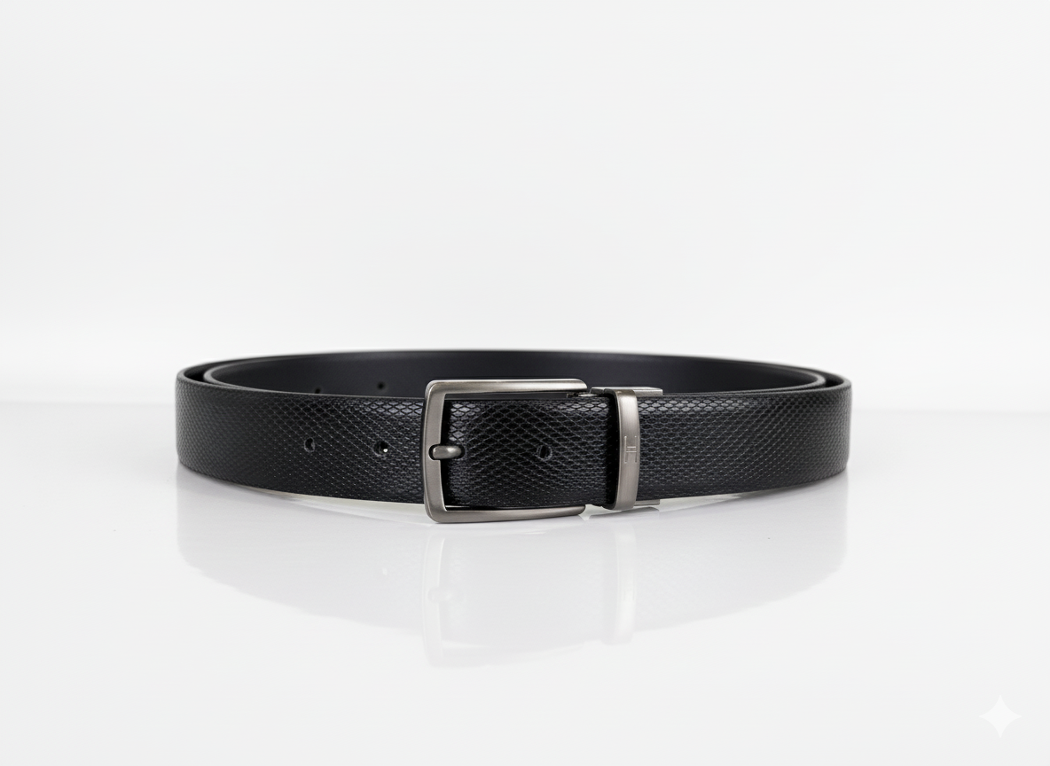 Hideclusive Executive Leather Belt, Black, Self-Patterned Texture, 35mm Width, Chrome Buckle