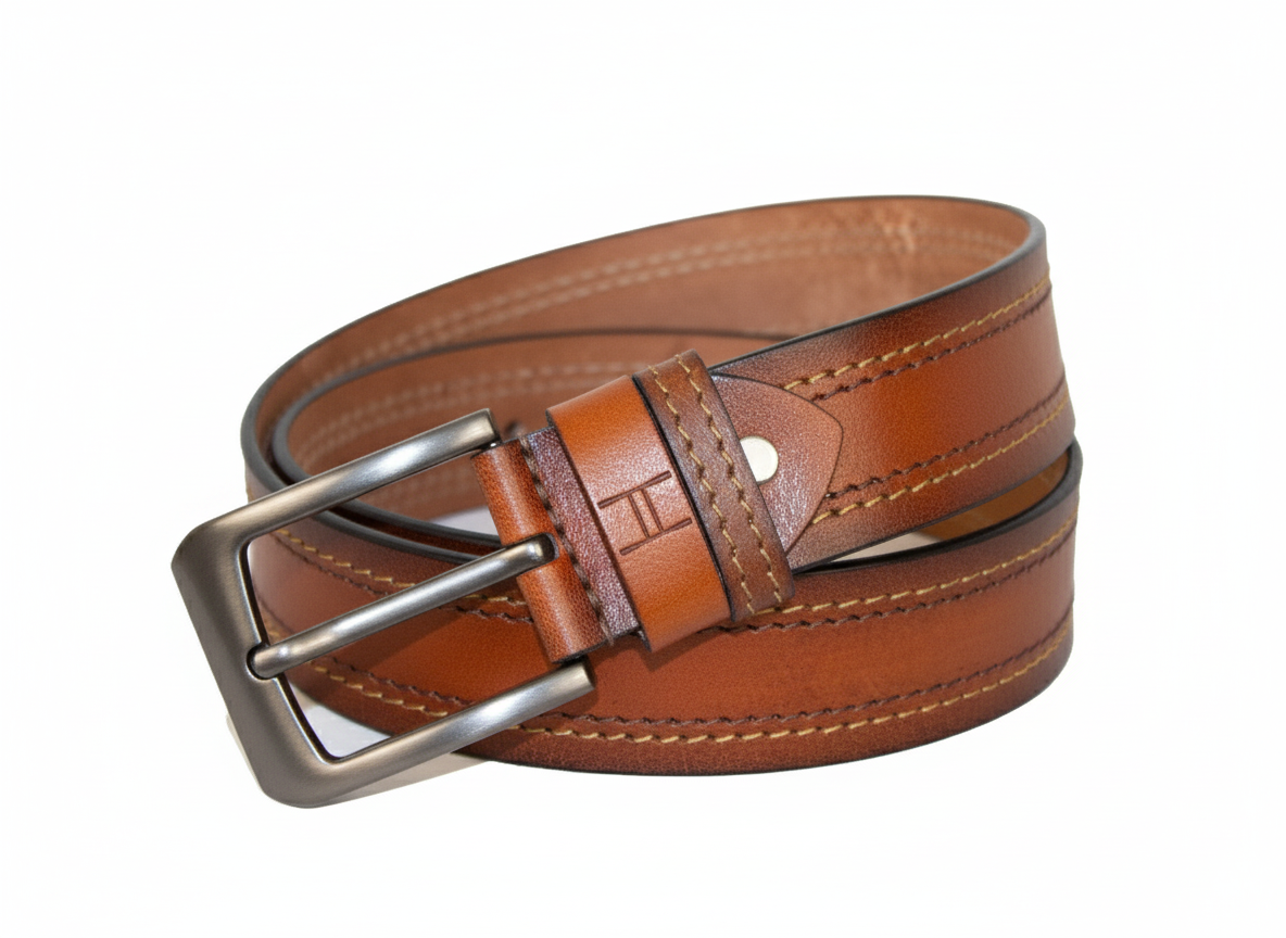 Brown leather belt with a silver buckle on a white background