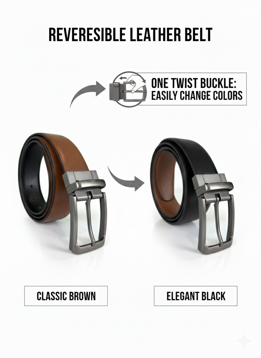 Hideclusive Executive Leather Belt, Reversible Black and Tan, 35mm Width, Chrome Twist Buckle