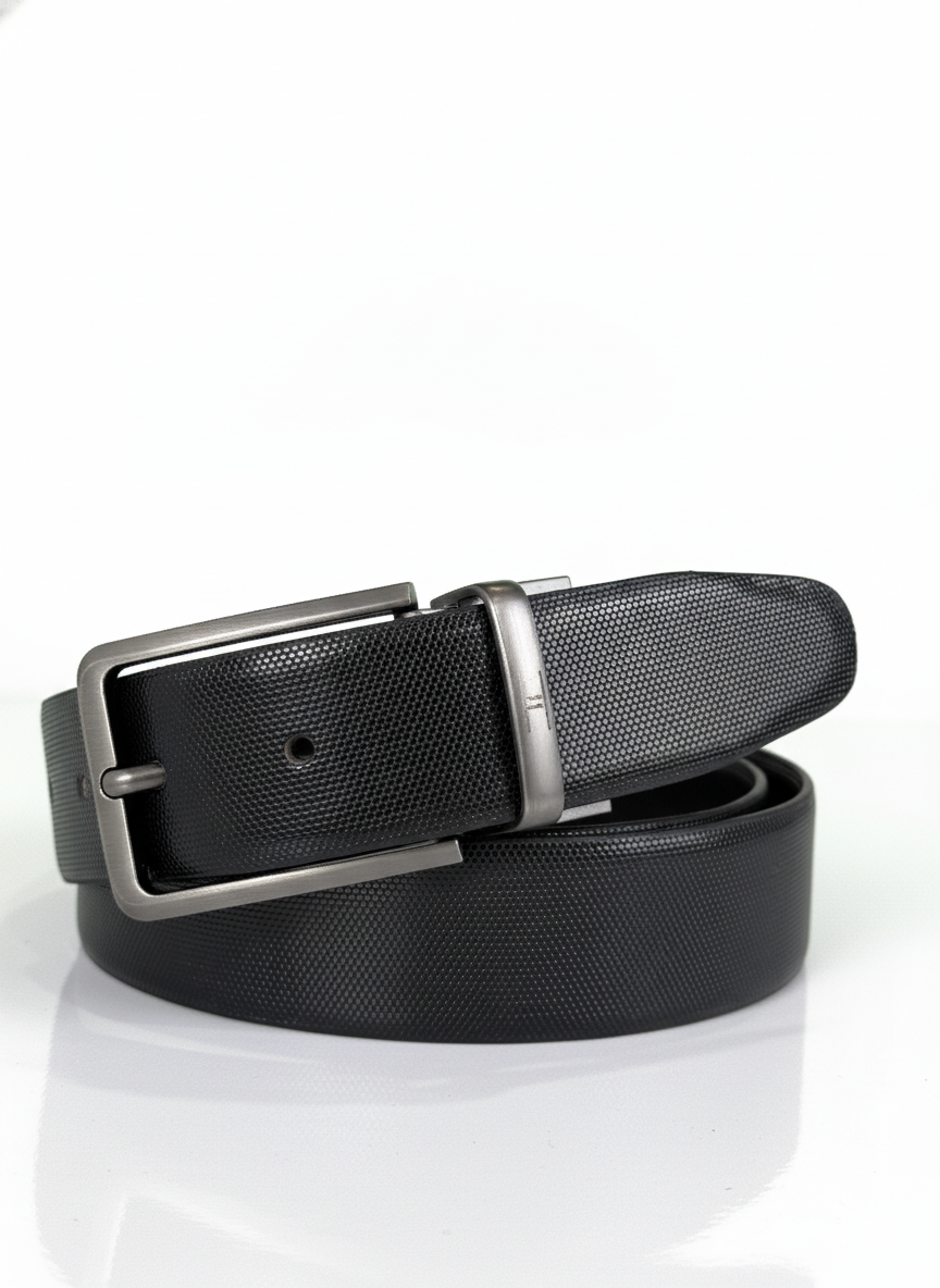 Black belt with silver buckle on a white background