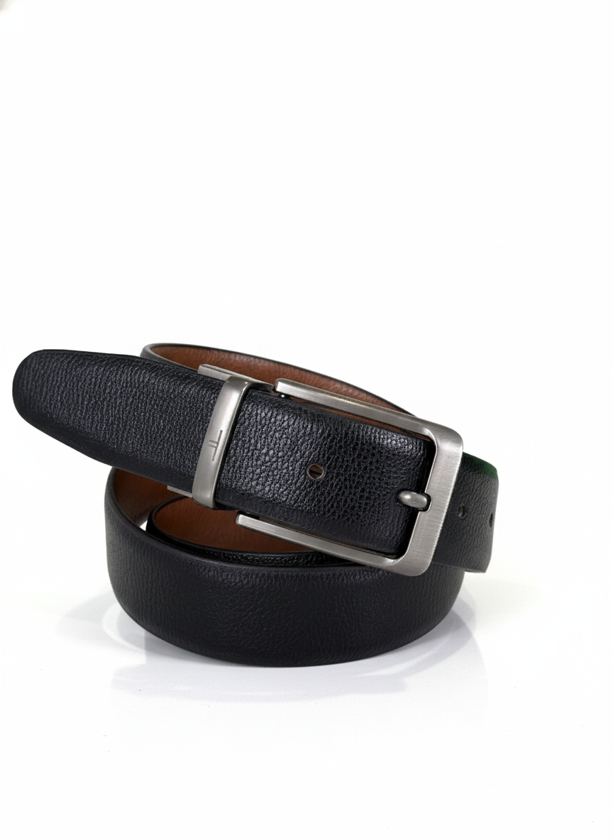Black leather belt with silver buckle on a white background